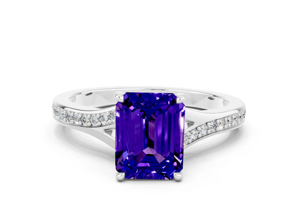Platinum Emerald Cut Tanzanite Solitaire Ring with Pavé Band and Prong Setting