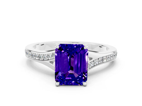 White gold Emerald Cut Tanzanite Solitaire Ring with Pavé Band and Prong Setting_24