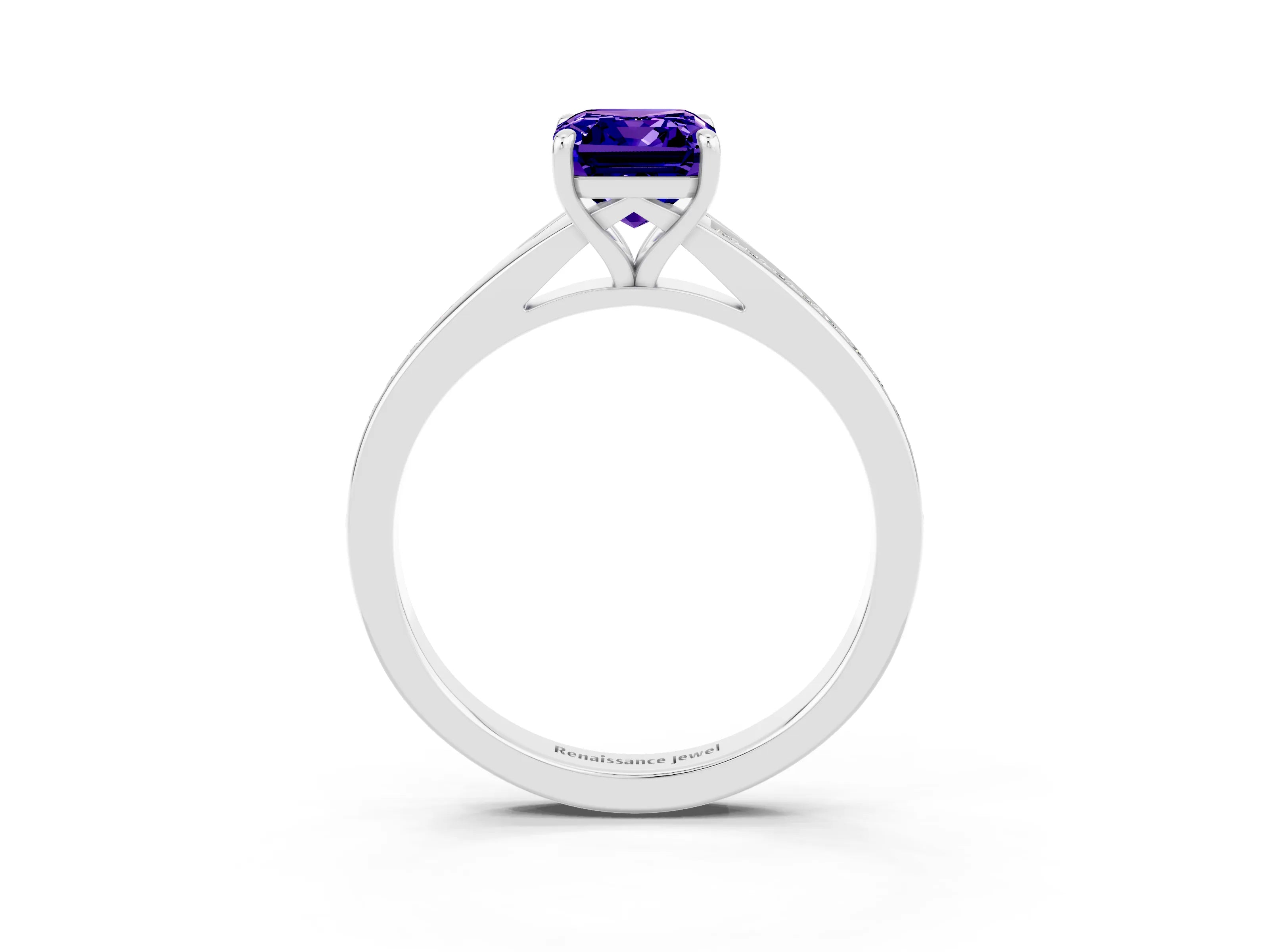 White gold Emerald Cut Tanzanite Solitaire Ring with Pavé Band and Prong Setting_27