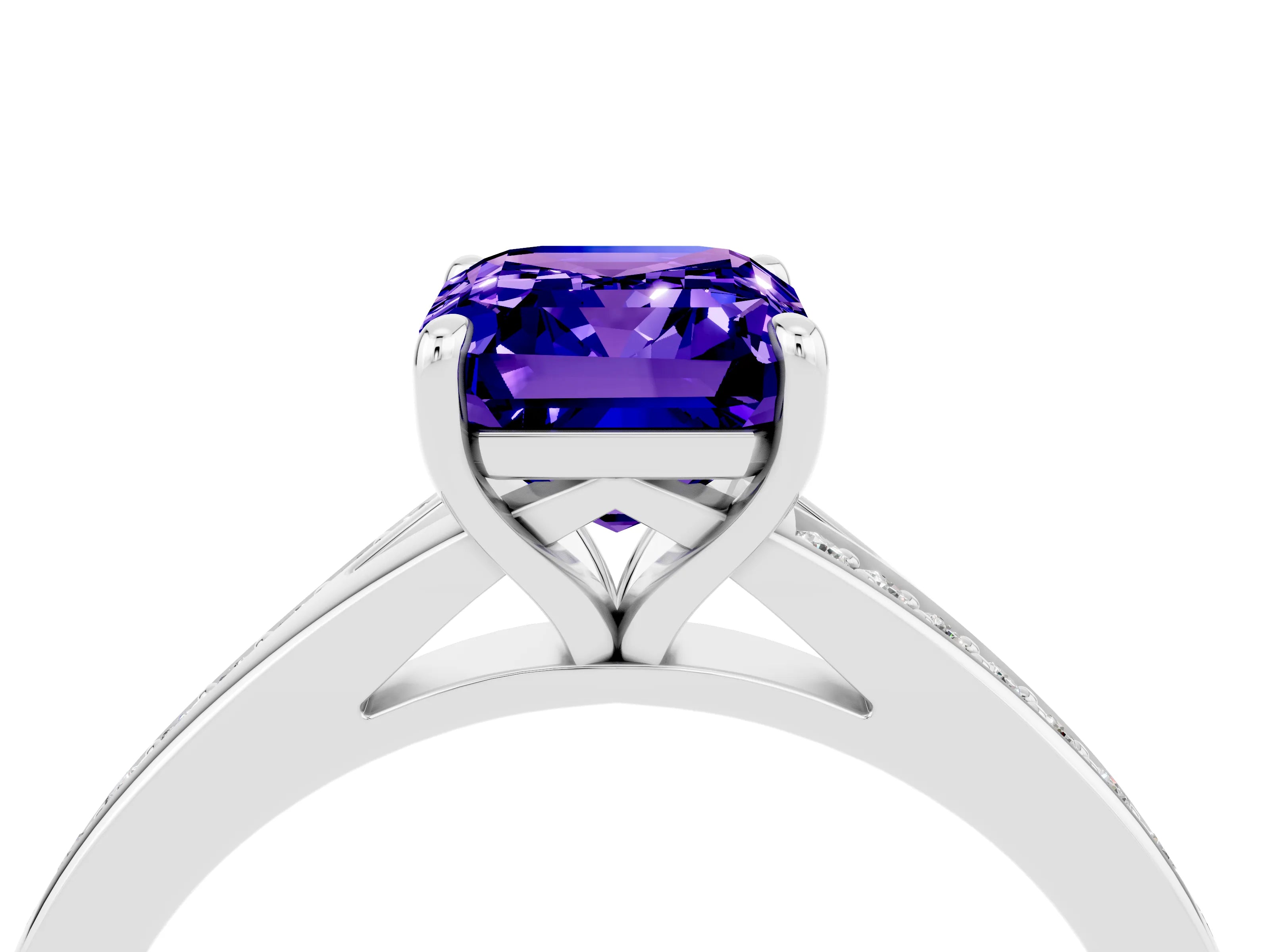 White gold Emerald Cut Tanzanite Solitaire Ring with Pavé Band and Prong Setting_28