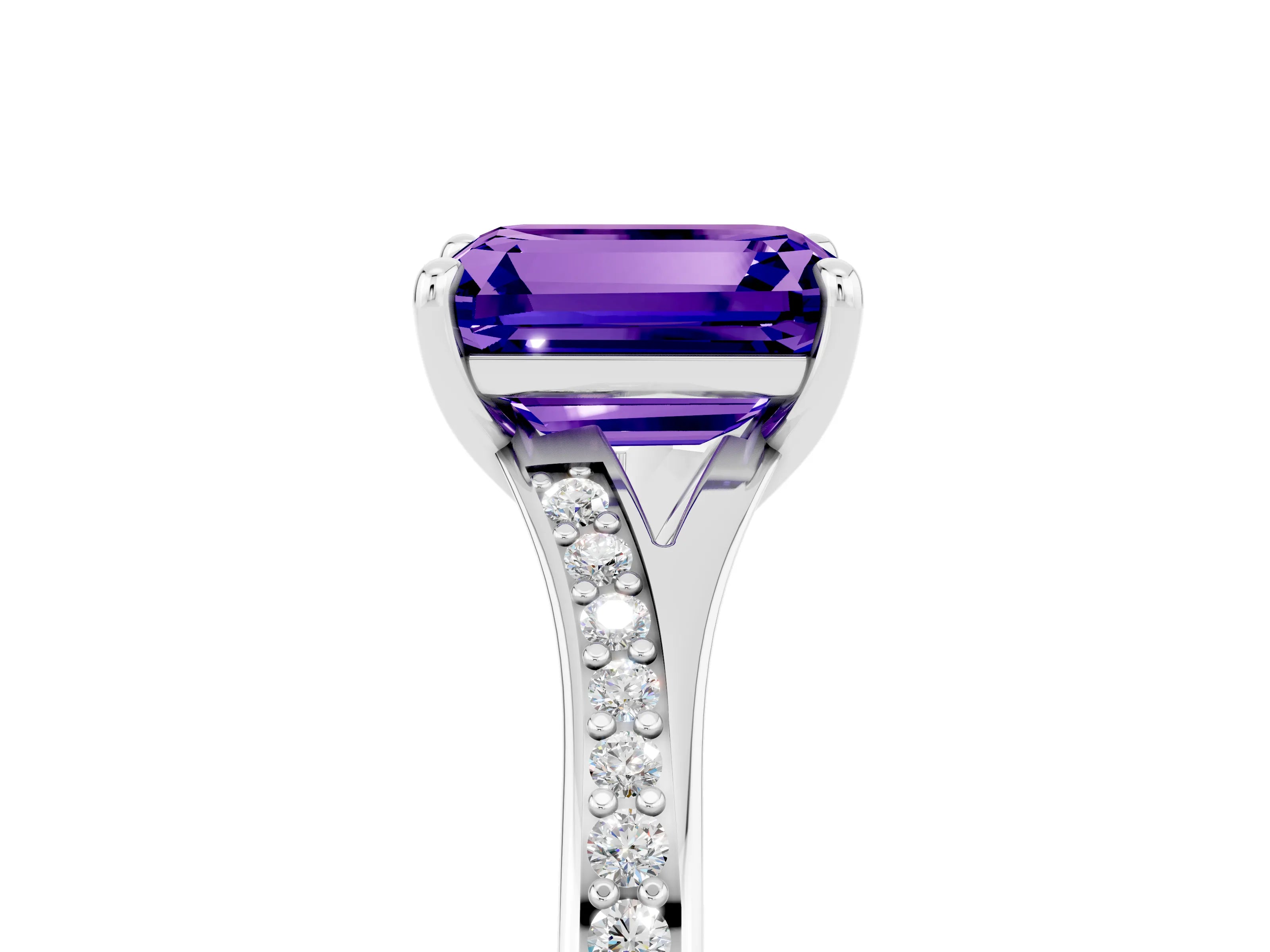 White gold Emerald Cut Tanzanite Solitaire Ring with Pavé Band and Prong Setting_29