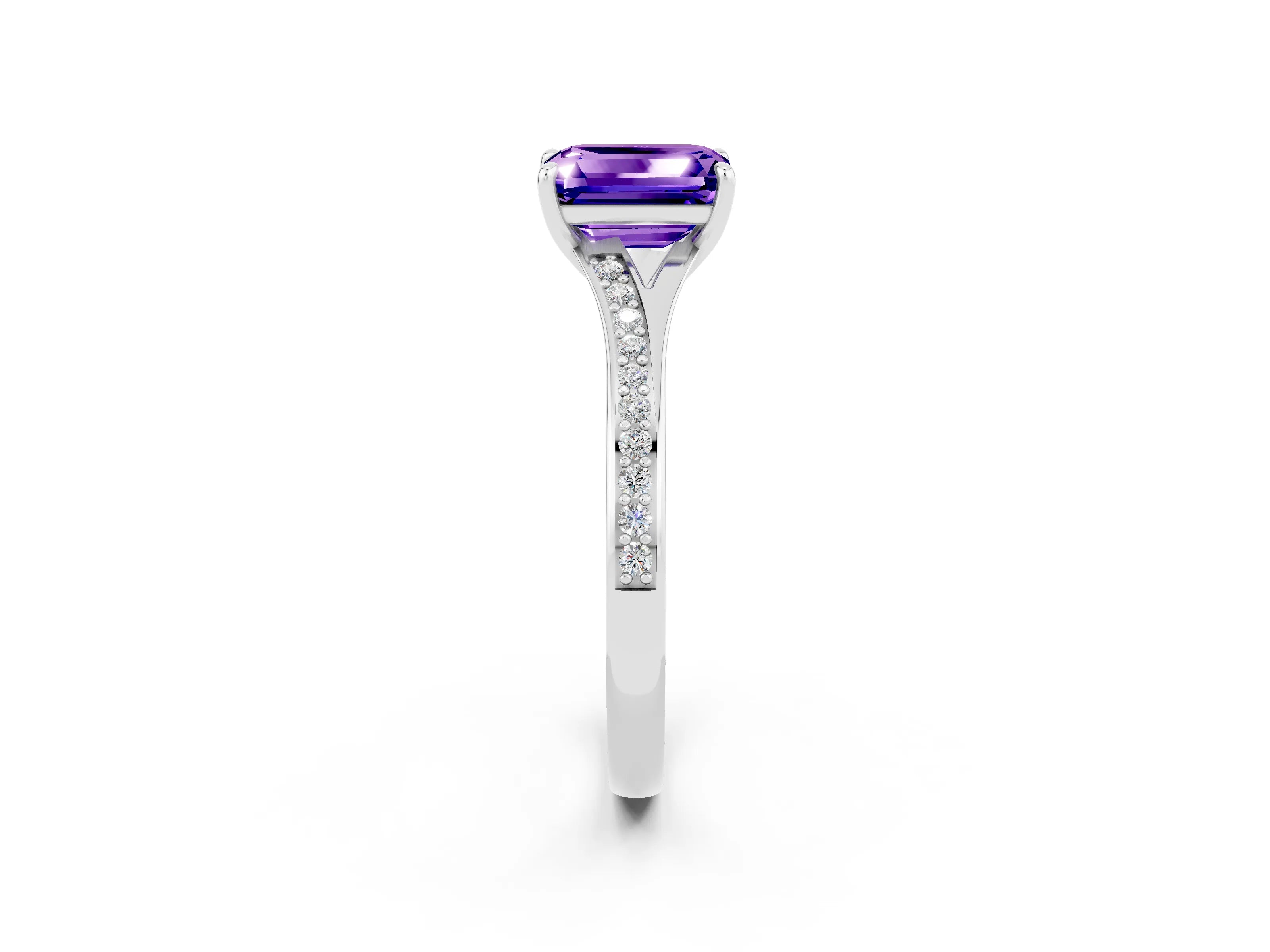 White gold Emerald Cut Tanzanite Solitaire Ring with Pavé Band and Prong Setting_2