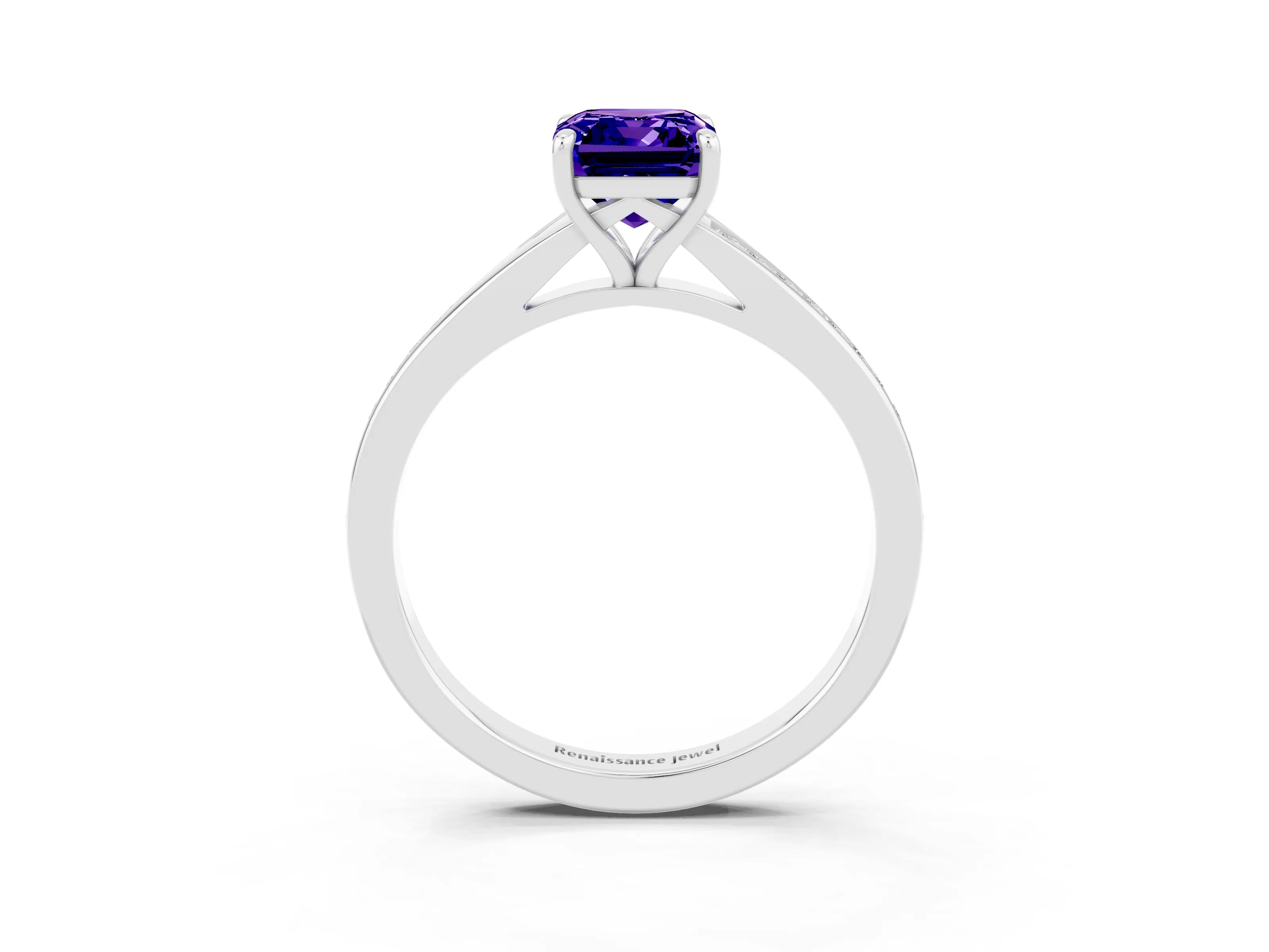 White gold Emerald Cut Tanzanite Solitaire Ring with Pavé Band and Prong Setting_3