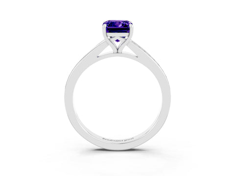 White gold Emerald Cut Tanzanite Solitaire Ring with Pavé Band and Prong Setting_3