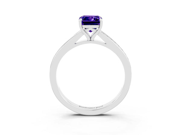 White gold Emerald Cut Tanzanite Solitaire Ring with Pavé Band and Prong Setting