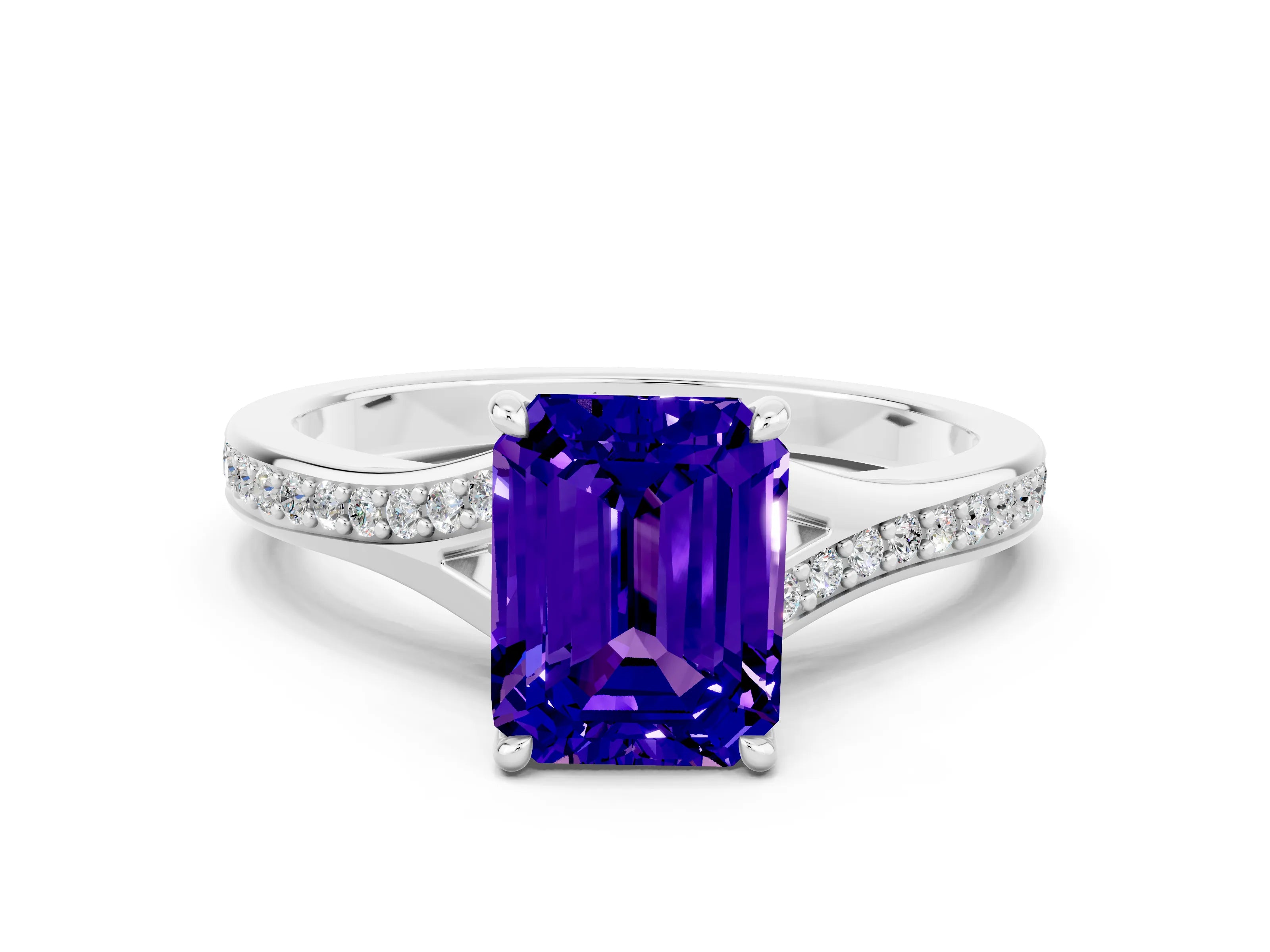 White gold Emerald Cut Tanzanite Solitaire Ring with Pavé Band and Prong Setting