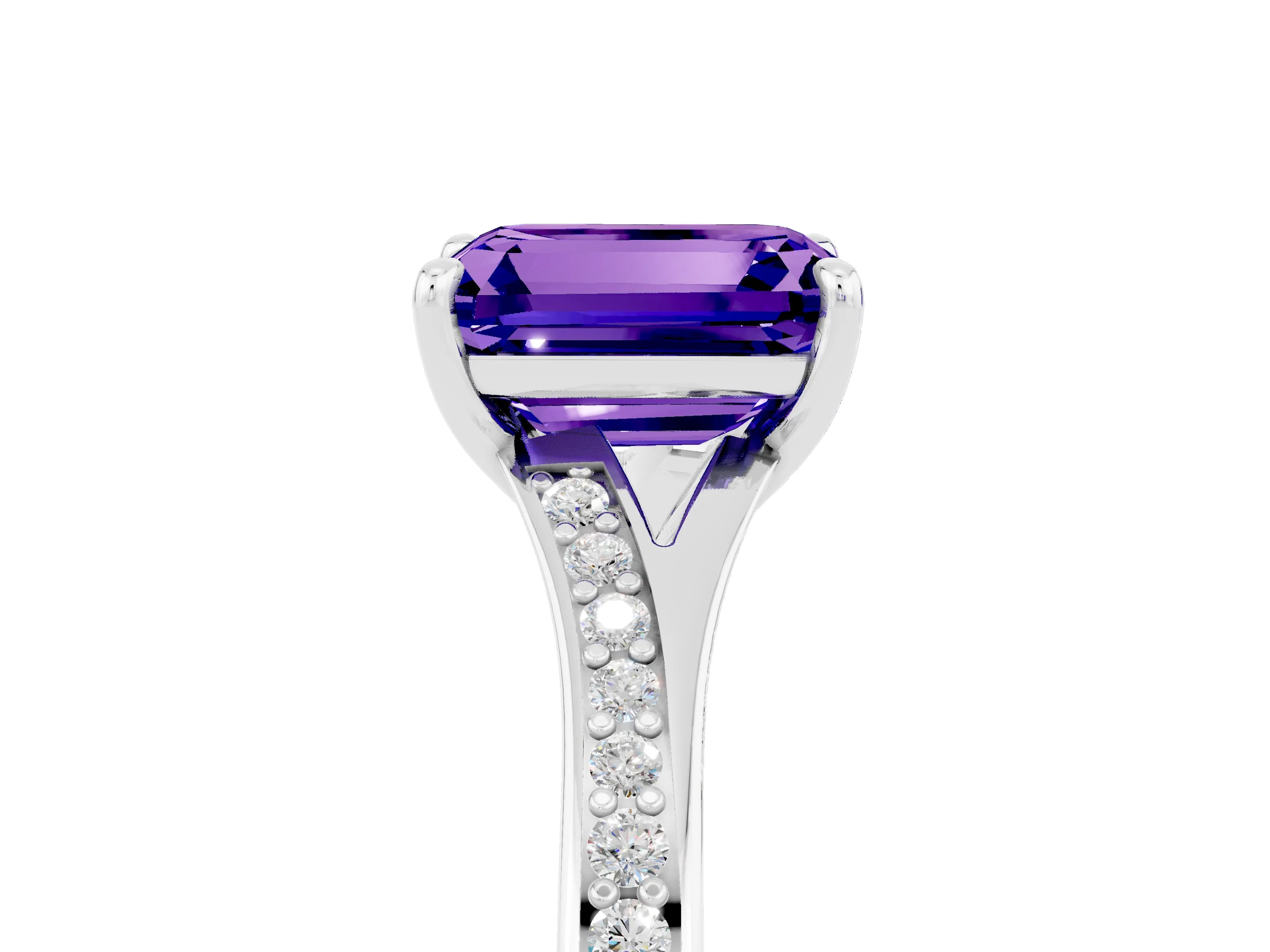 White gold Emerald Cut Tanzanite Solitaire Ring with Pavé Band and Prong Setting_5