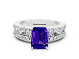 White gold Emerald Cut Tanzanite Solitaire Ring with Pavé and Channel Set Band