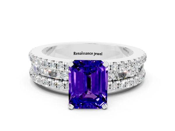 Platinum Emerald Cut Tanzanite Solitaire Ring with Pavé and Channel Set Band