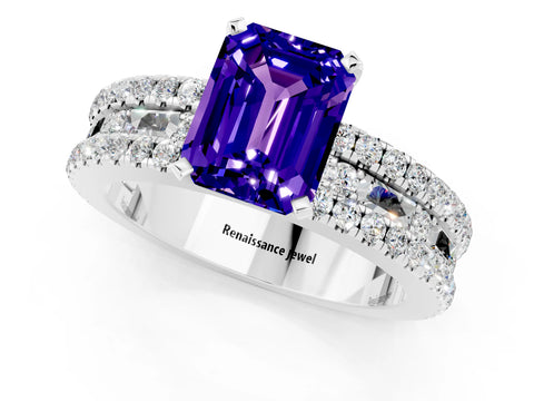 White gold Emerald Cut Tanzanite Solitaire Ring with Pavé and Channel Set Band_1