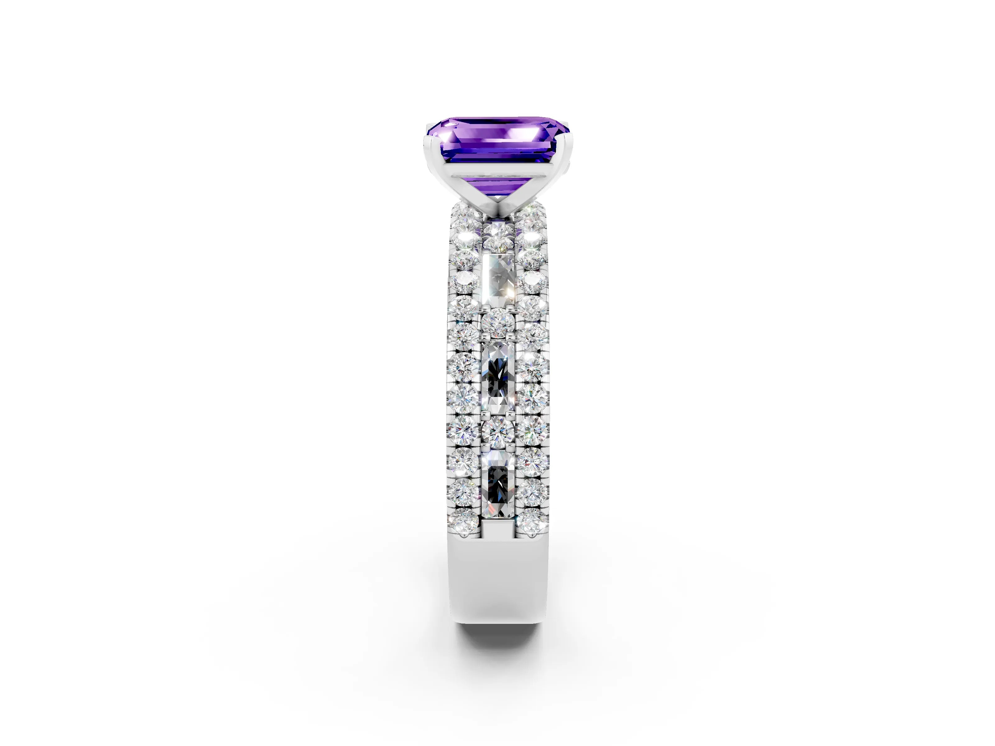 White gold Emerald Cut Tanzanite Solitaire Ring with Pavé and Channel Set Band_2