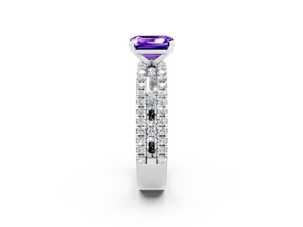 Silver Emerald Cut Tanzanite Solitaire Ring with Pavé and Channel Set Band
