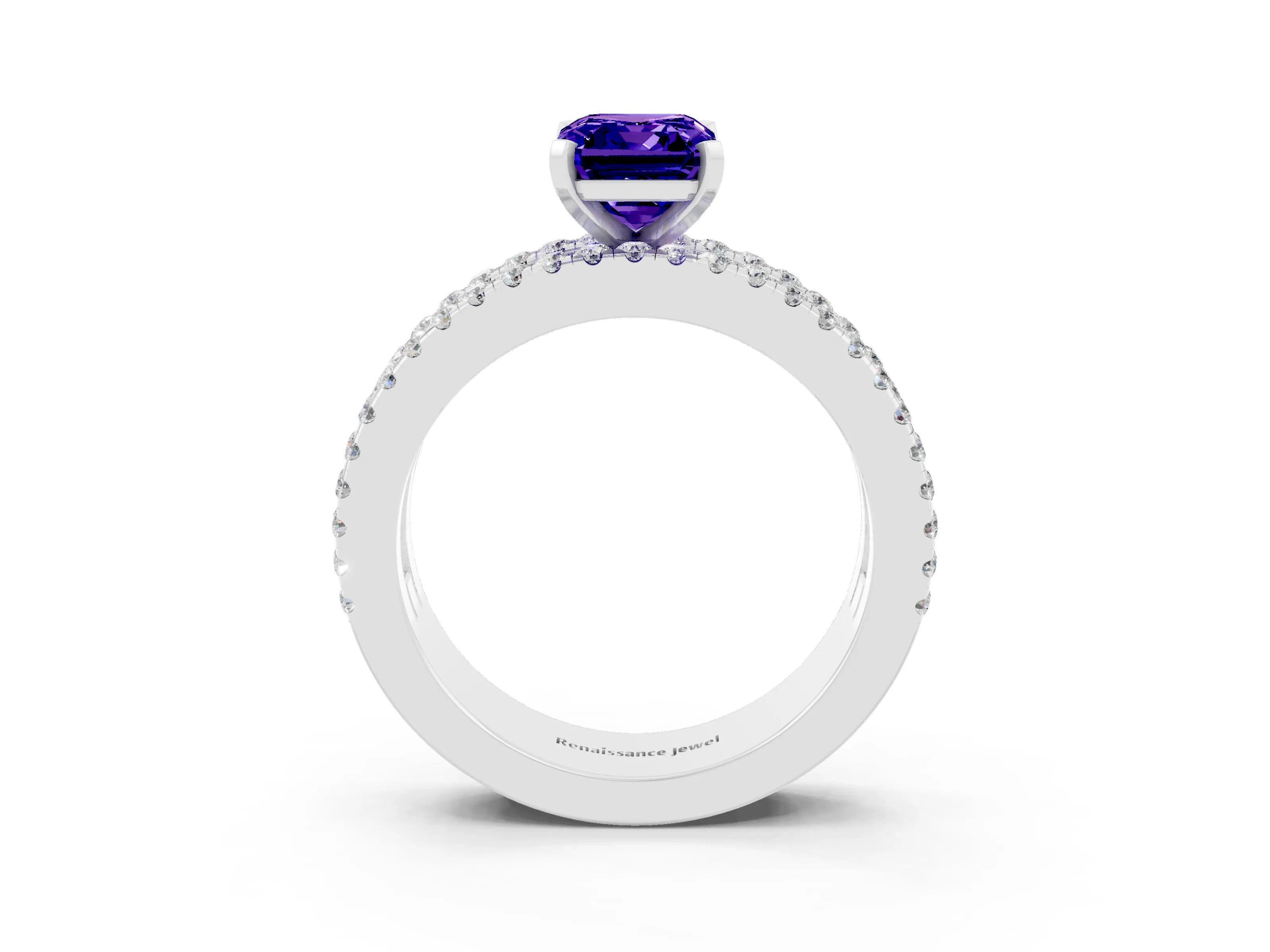 White gold Emerald Cut Tanzanite Solitaire Ring with Pavé and Channel Set Band_3