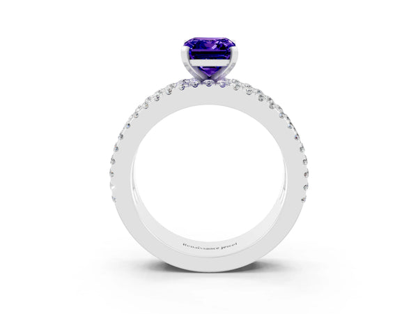 White gold Emerald Cut Tanzanite Solitaire Ring with Pavé and Channel Set Band