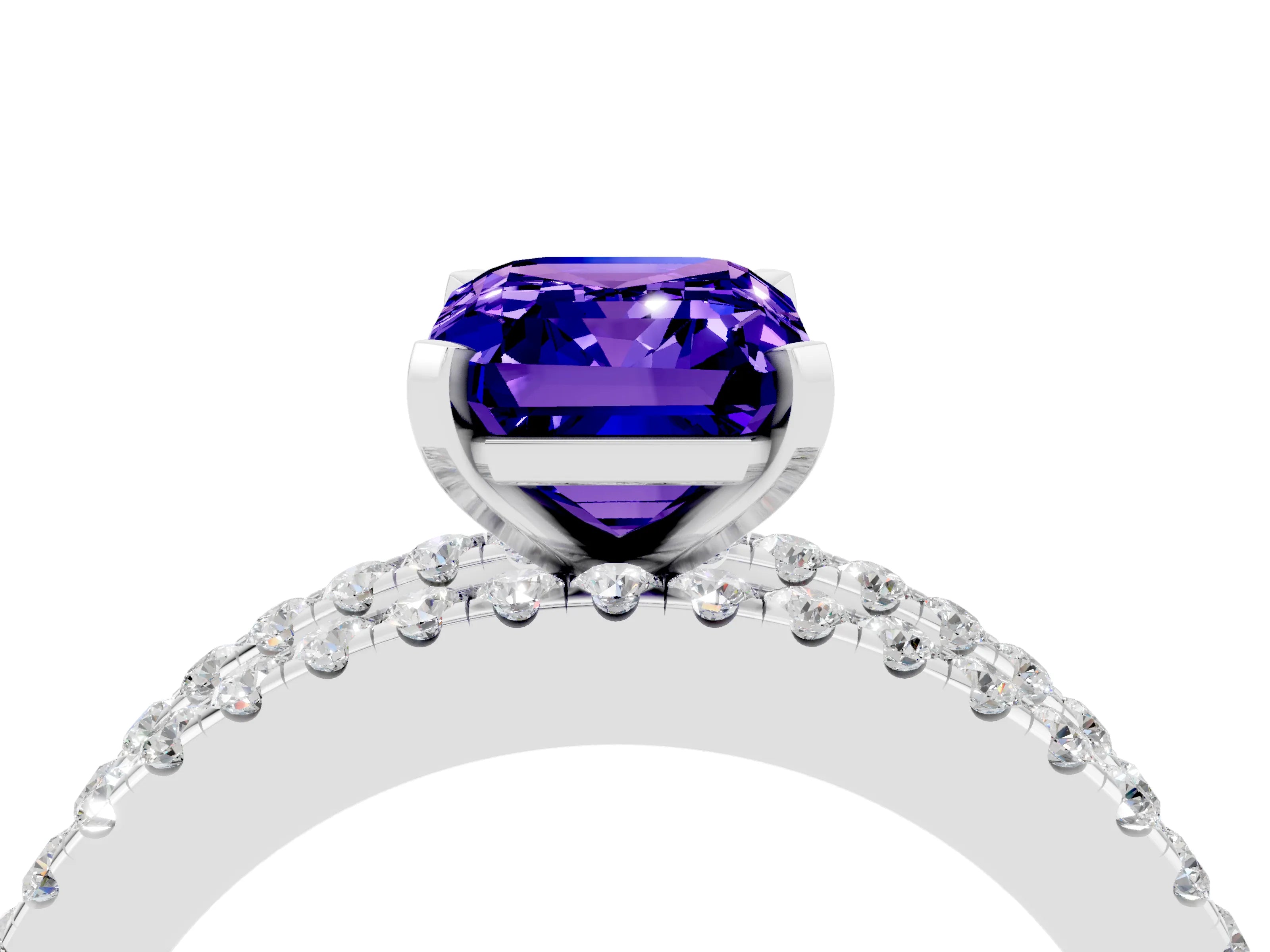 White gold Emerald Cut Tanzanite Solitaire Ring with Pavé and Channel Set Band_4