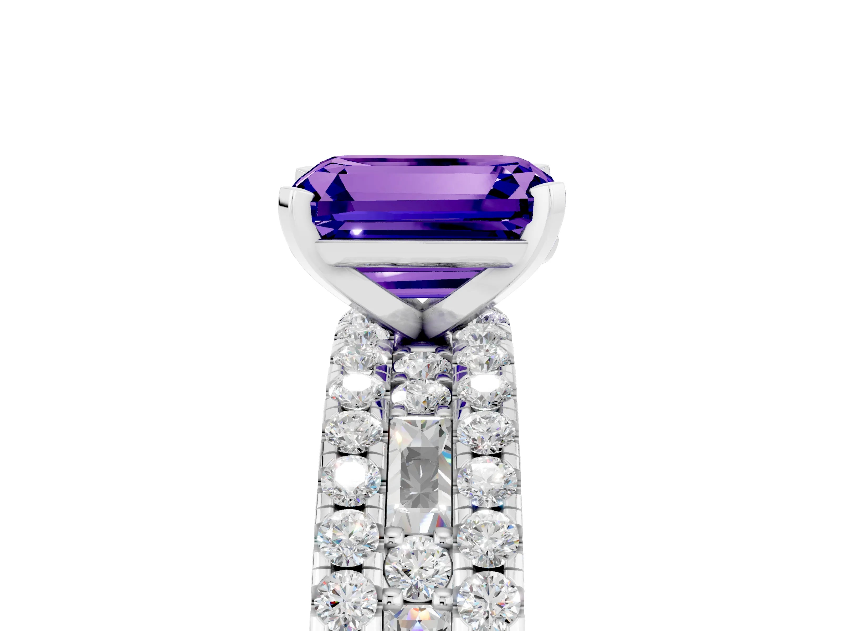 White gold Emerald Cut Tanzanite Solitaire Ring with Pavé and Channel Set Band_5