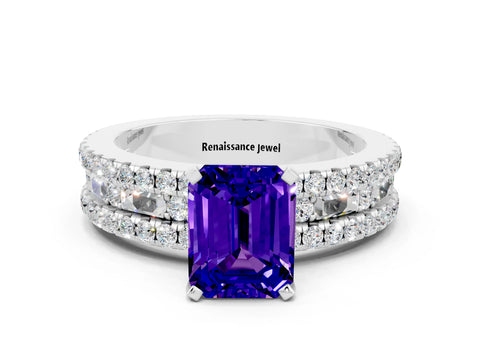 White gold Emerald Cut Tanzanite Solitaire Ring with Pavé and Channel Set Band