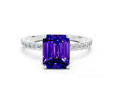 White gold Emerald Cut Tanzanite Solitaire Ring with Pave Band and Four Prong Setting_24