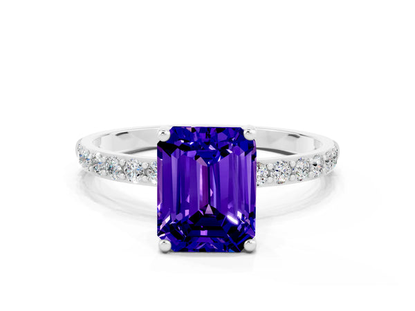 Platinum Emerald Cut Tanzanite Solitaire Ring with Round  Pavé Band and Prong Setting