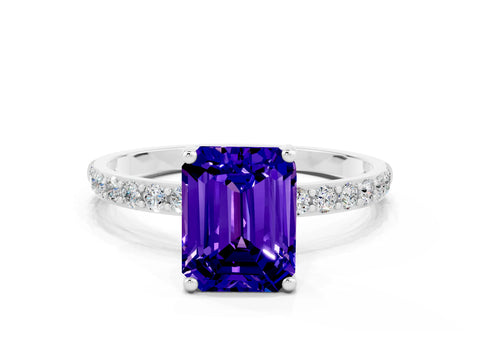 White gold Emerald Cut Tanzanite Solitaire Ring with Pave Band and Four Prong Setting_24