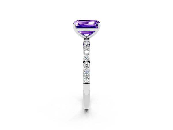 Silver Emerald Cut Tanzanite Solitaire Ring with Round  Pavé Band and Prong Setting