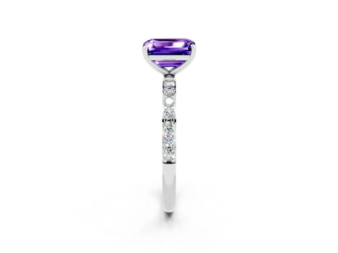 White gold Emerald Cut Tanzanite Solitaire Ring with Pave Band and Four Prong Setting_26