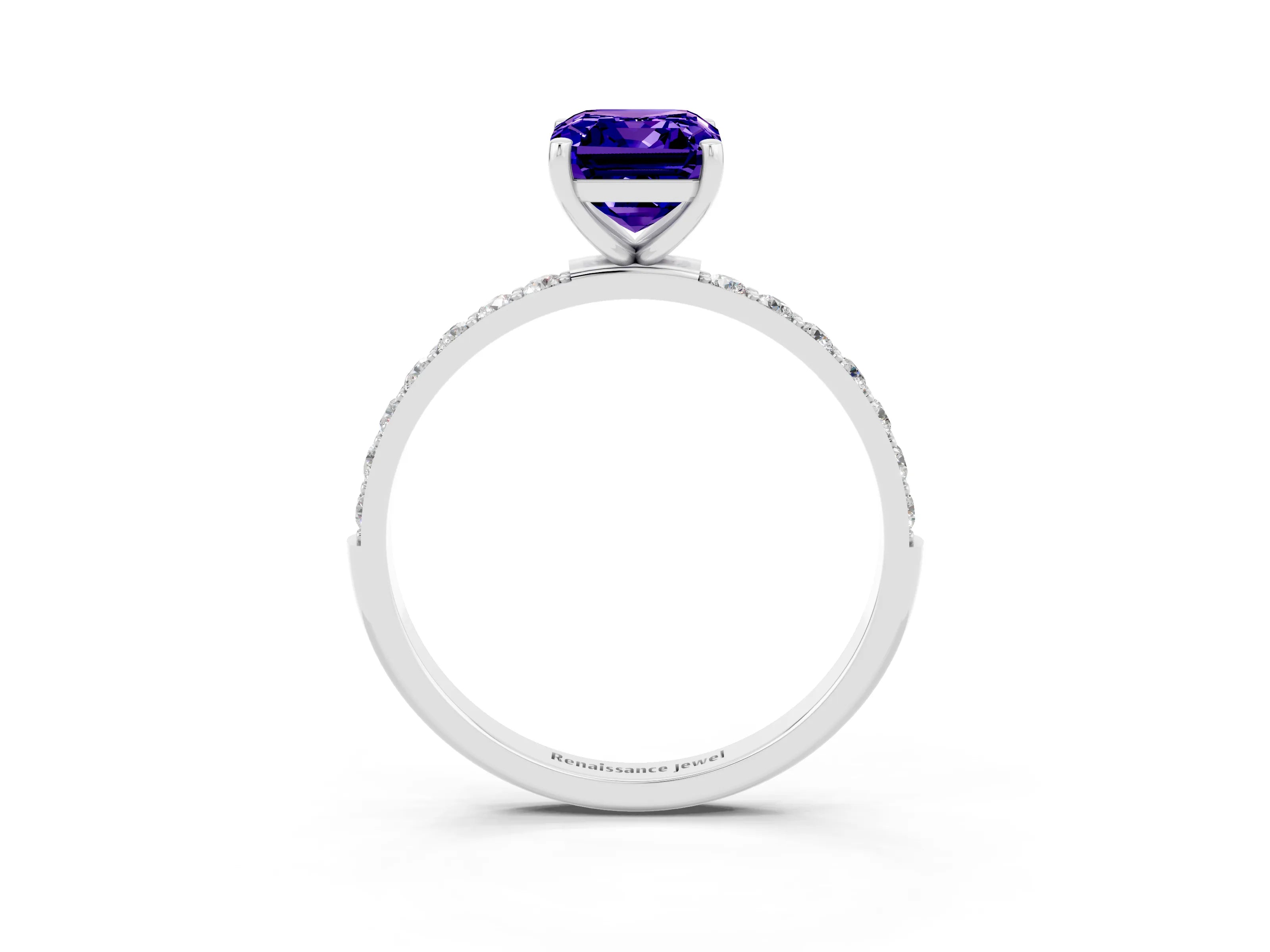 White gold Emerald Cut Tanzanite Solitaire Ring with Pave Band and Four Prong Setting_27