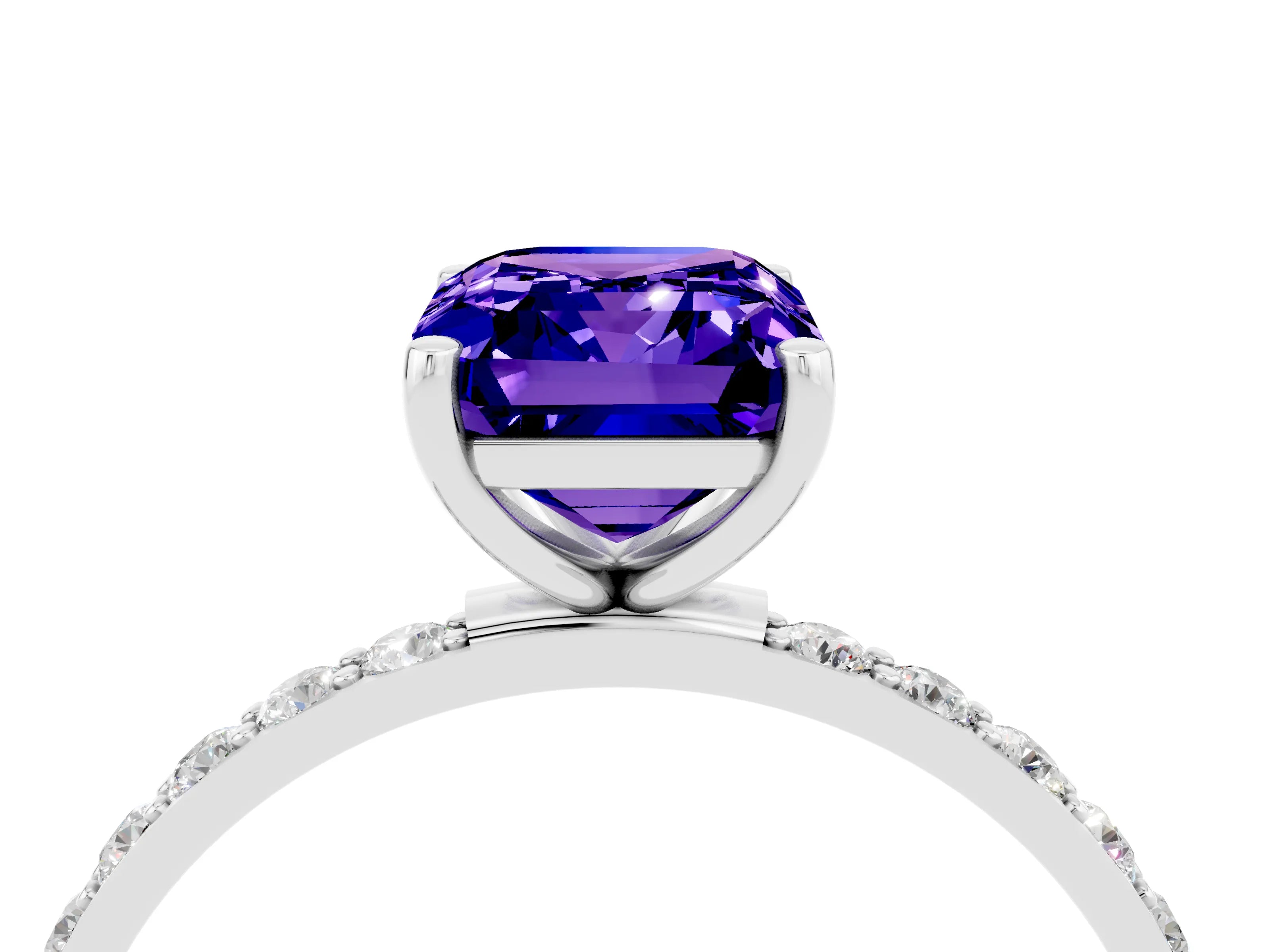 White gold Emerald Cut Tanzanite Solitaire Ring with Pave Band and Four Prong Setting_28