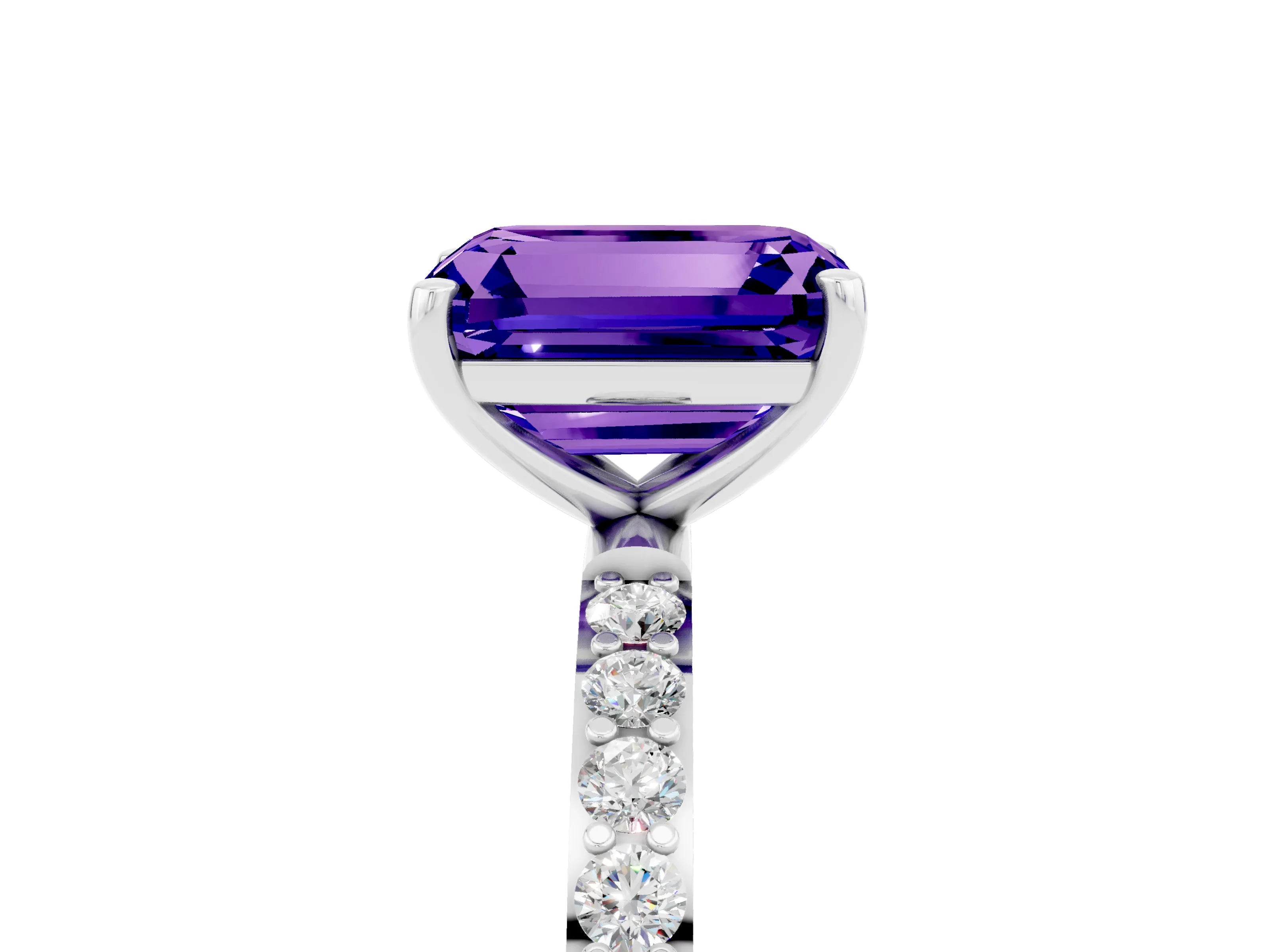 White gold Emerald Cut Tanzanite Solitaire Ring with Pave Band and Four Prong Setting_29