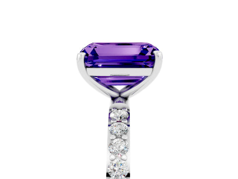 White gold Emerald Cut Tanzanite Solitaire Ring with Pave Band and Four Prong Setting_29