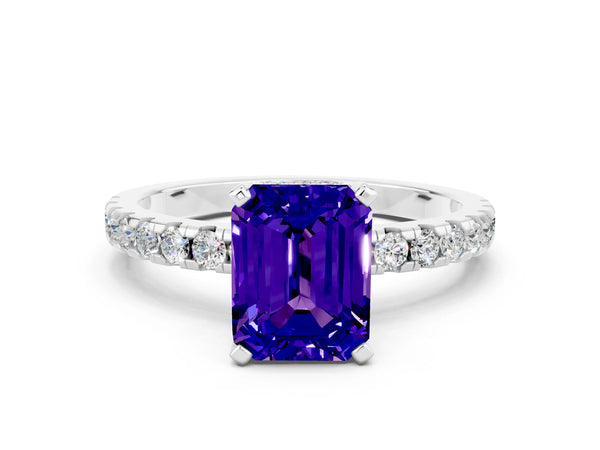 White gold Emerald Cut Tanzanite Solitaire Ring with Round  Pavé Band and Four-Prong Setting