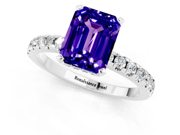 White gold Emerald Cut Tanzanite Solitaire Ring with Round  Pavé Band and Four-Prong Setting