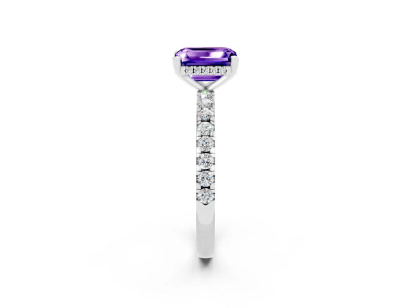 White gold Emerald Cut Tanzanite Solitaire Ring with Round  Pavé Band and Four-Prong Setting