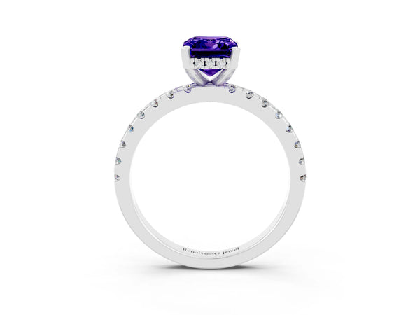 White gold Emerald Cut Tanzanite Solitaire Ring with Round  Pavé Band and Four-Prong Setting