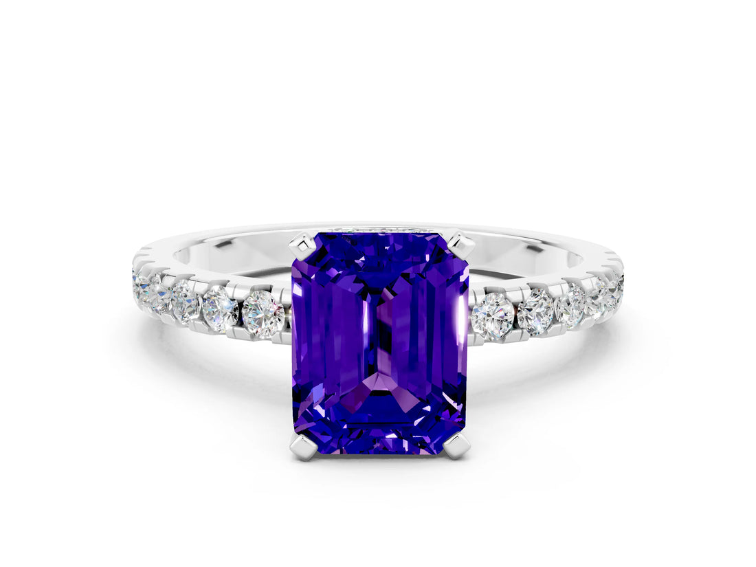 White gold Emerald Cut Tanzanite Solitaire Ring with Round  Pavé Band and Four-Prong Setting_48