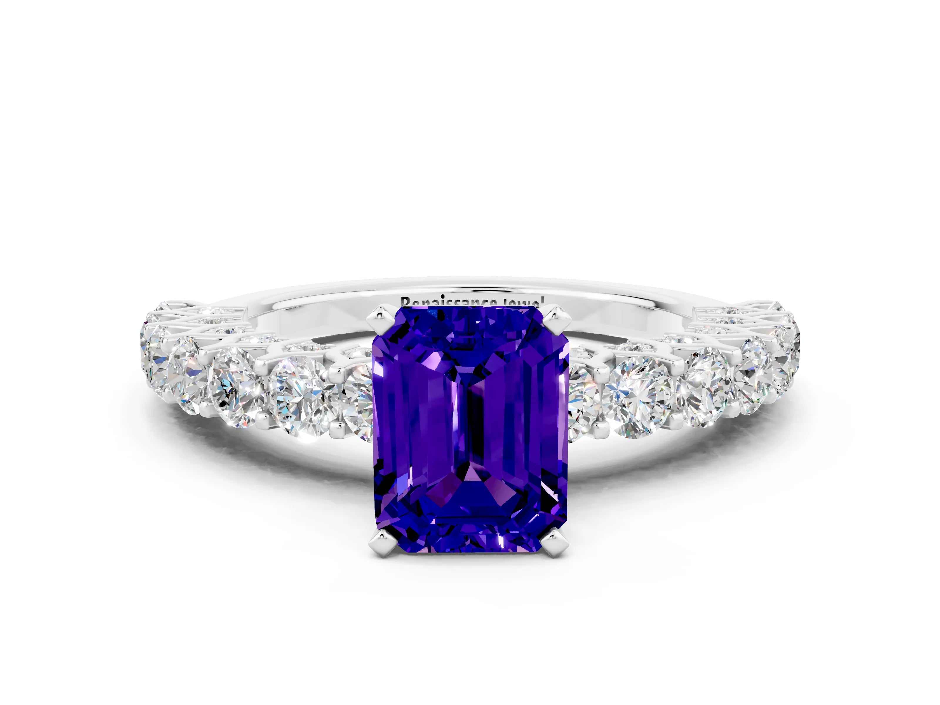White gold Emerald Cut Tanzanite Solitaire Ring with Shared Prong Pavé Band and Four-Prong Setting