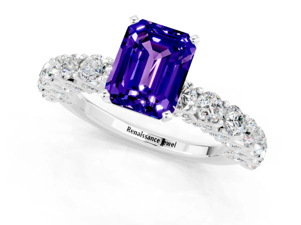 White gold Emerald Cut Tanzanite Solitaire Ring with Shared Prong Pavé Band and Four-Prong Setting