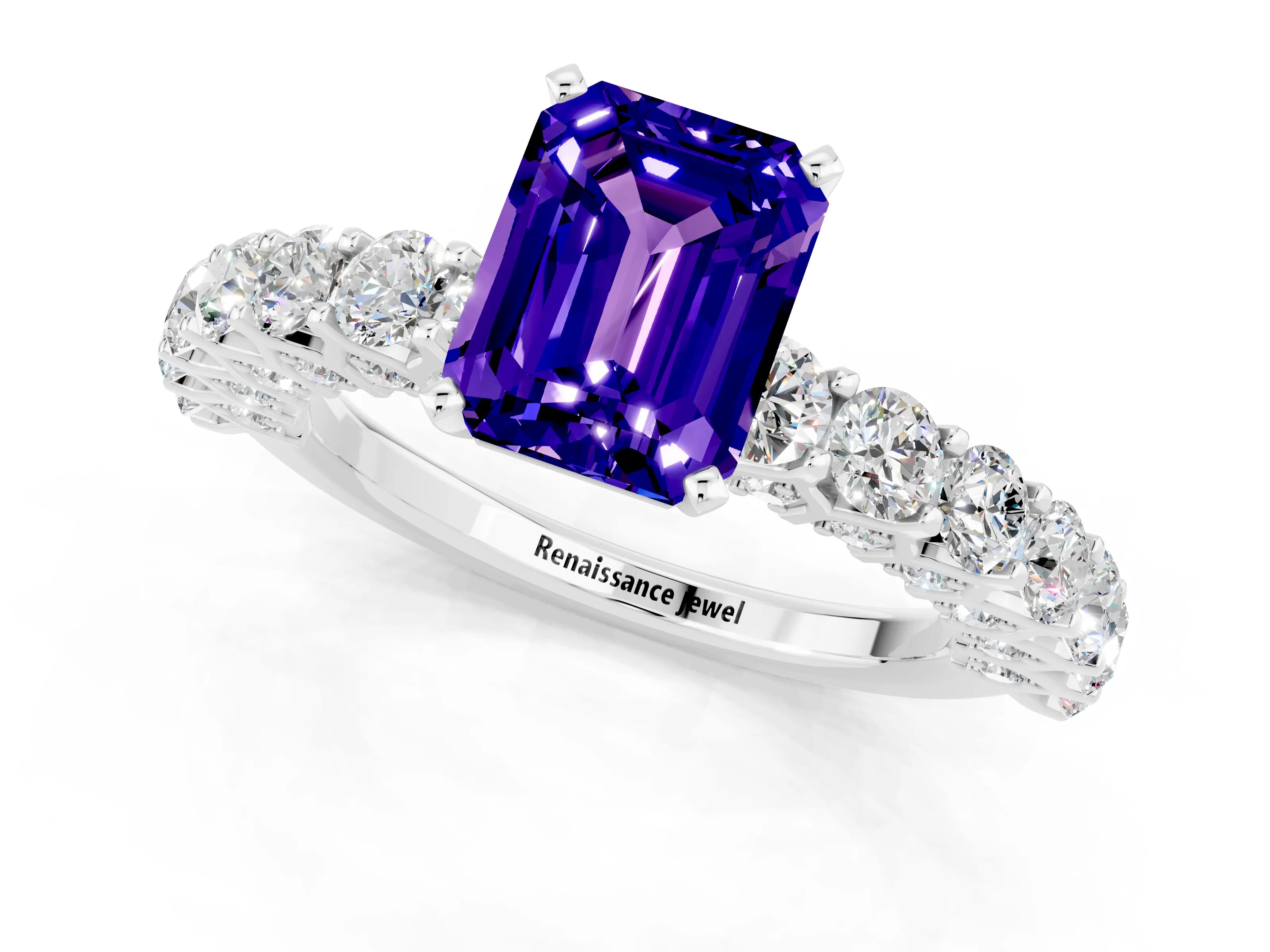 White gold Emerald Cut Tanzanite Solitaire Ring with Shared Prong Pavé Band and Four-Prong Setting_1