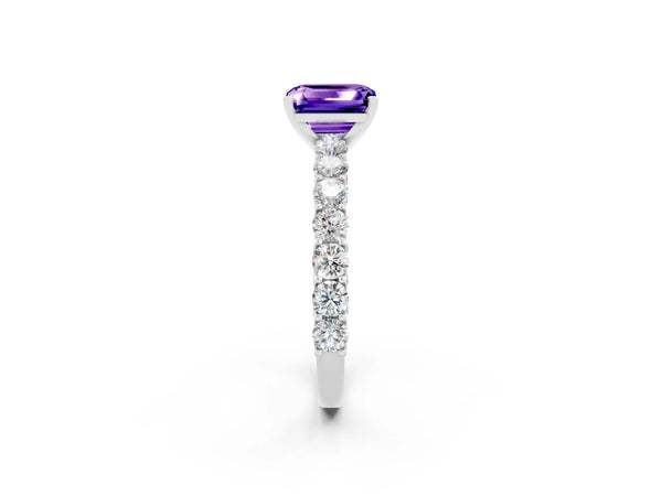 White gold Emerald Cut Tanzanite Solitaire Ring with Shared Prong Pavé Band and Four-Prong Setting