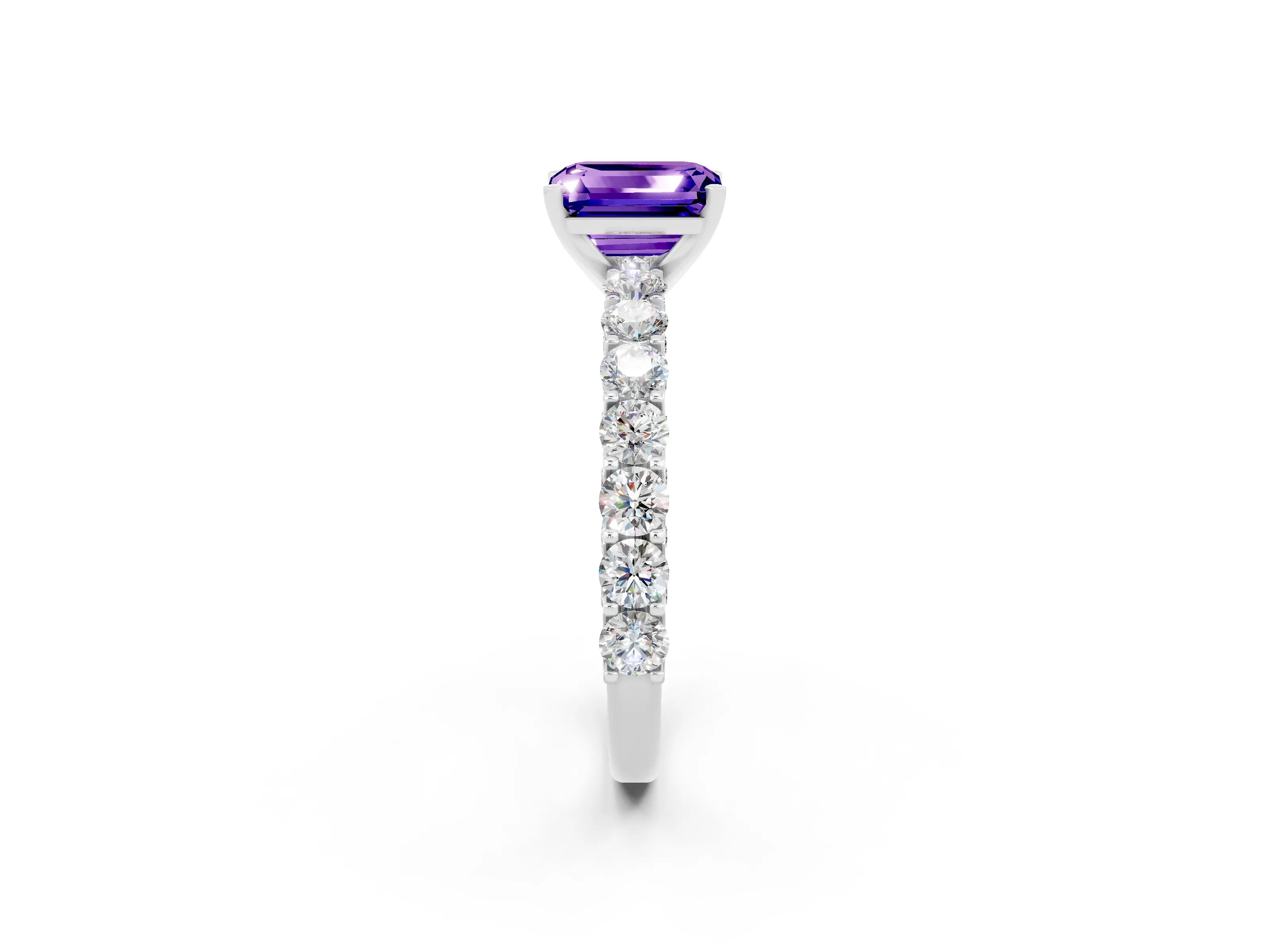 White gold Emerald Cut Tanzanite Solitaire Ring with Shared Prong Pavé Band and Four-Prong Setting_2