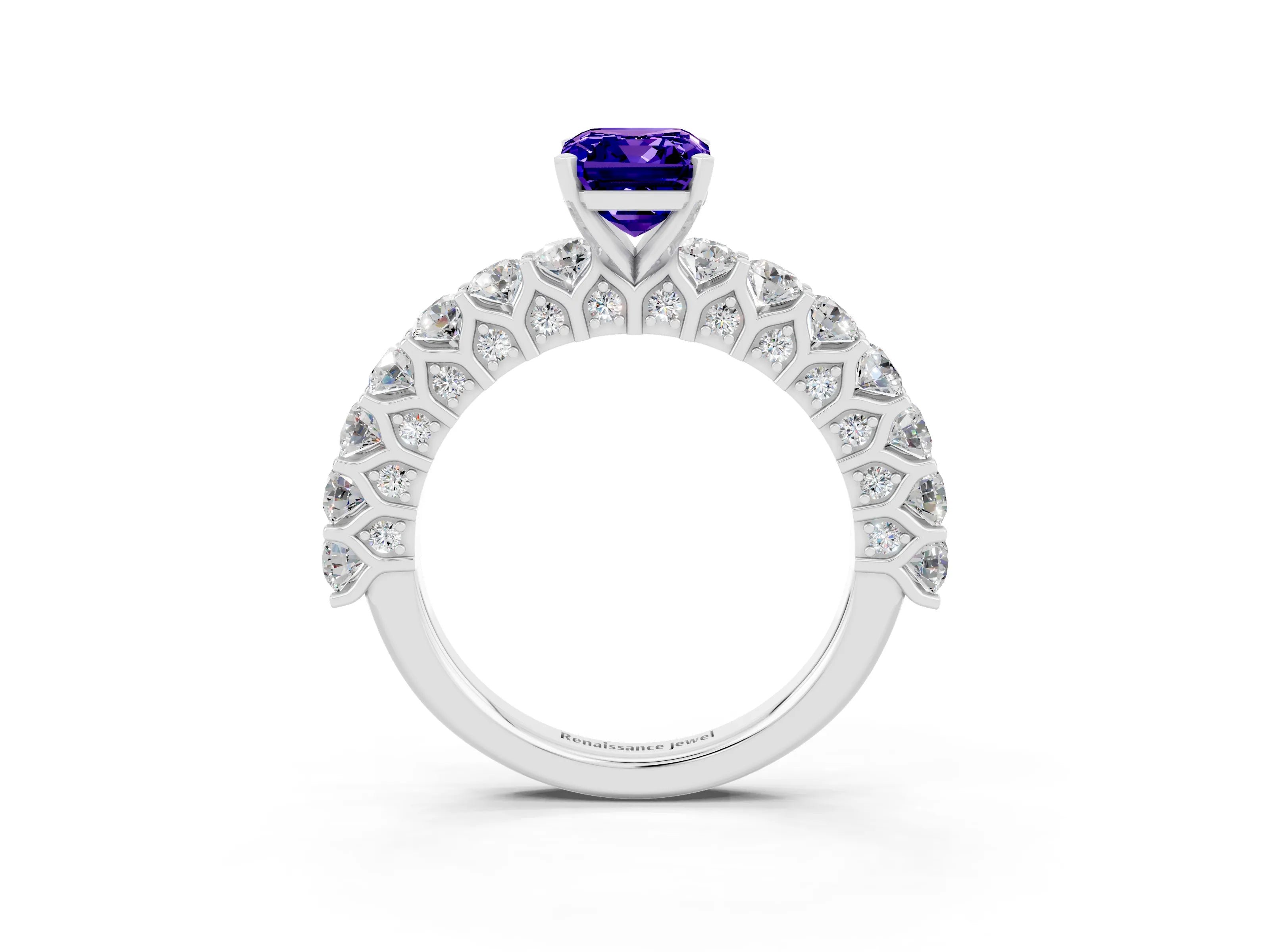 White gold Emerald Cut Tanzanite Solitaire Ring with Shared Prong Pavé Band and Four-Prong Setting_3