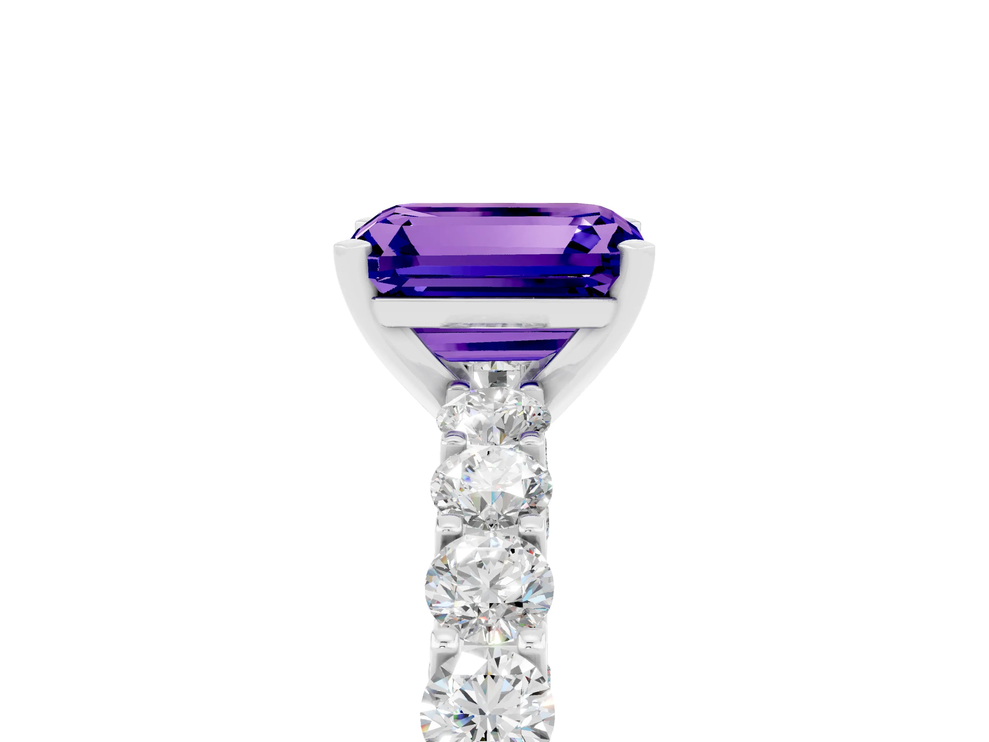 White gold Emerald Cut Tanzanite Solitaire Ring with Shared Prong Pavé Band and Four-Prong Setting_5