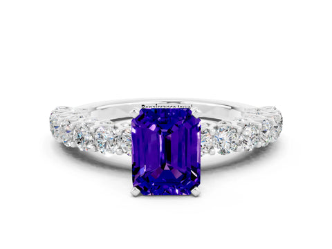 White gold Emerald Cut Tanzanite Solitaire Ring with Shared Prong Pavé Band and Four-Prong Setting