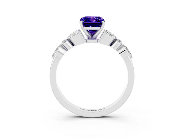 Silver Emerald Cut Tanzanite Solitaire Ring with Side Stones and Four-Prong Setting
