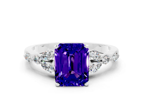 White gold Emerald Cut Tanzanite Solitaire Ring with Side Stones and Four-Prong Setting_24
