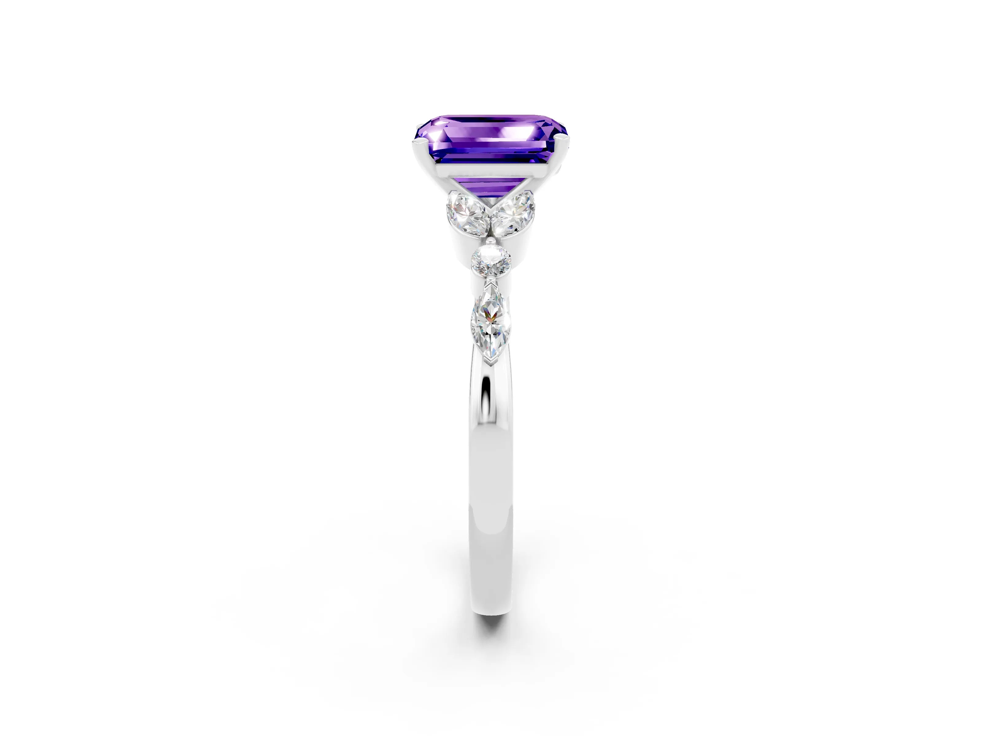 White gold Emerald Cut Tanzanite Solitaire Ring with Side Stones and Four-Prong Setting_26