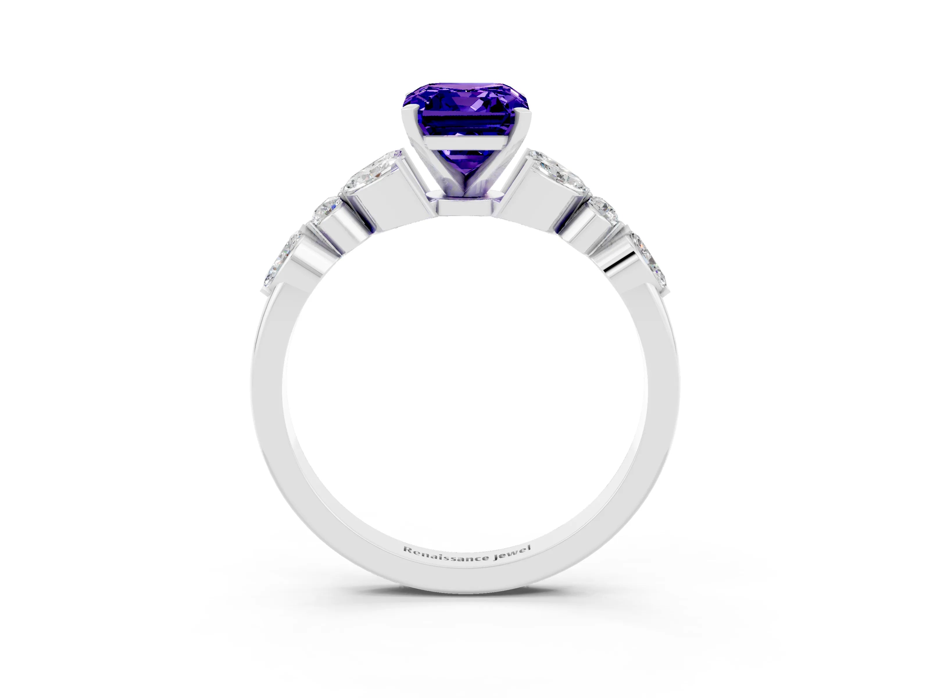White gold Emerald Cut Tanzanite Solitaire Ring with Side Stones and Four-Prong Setting_27