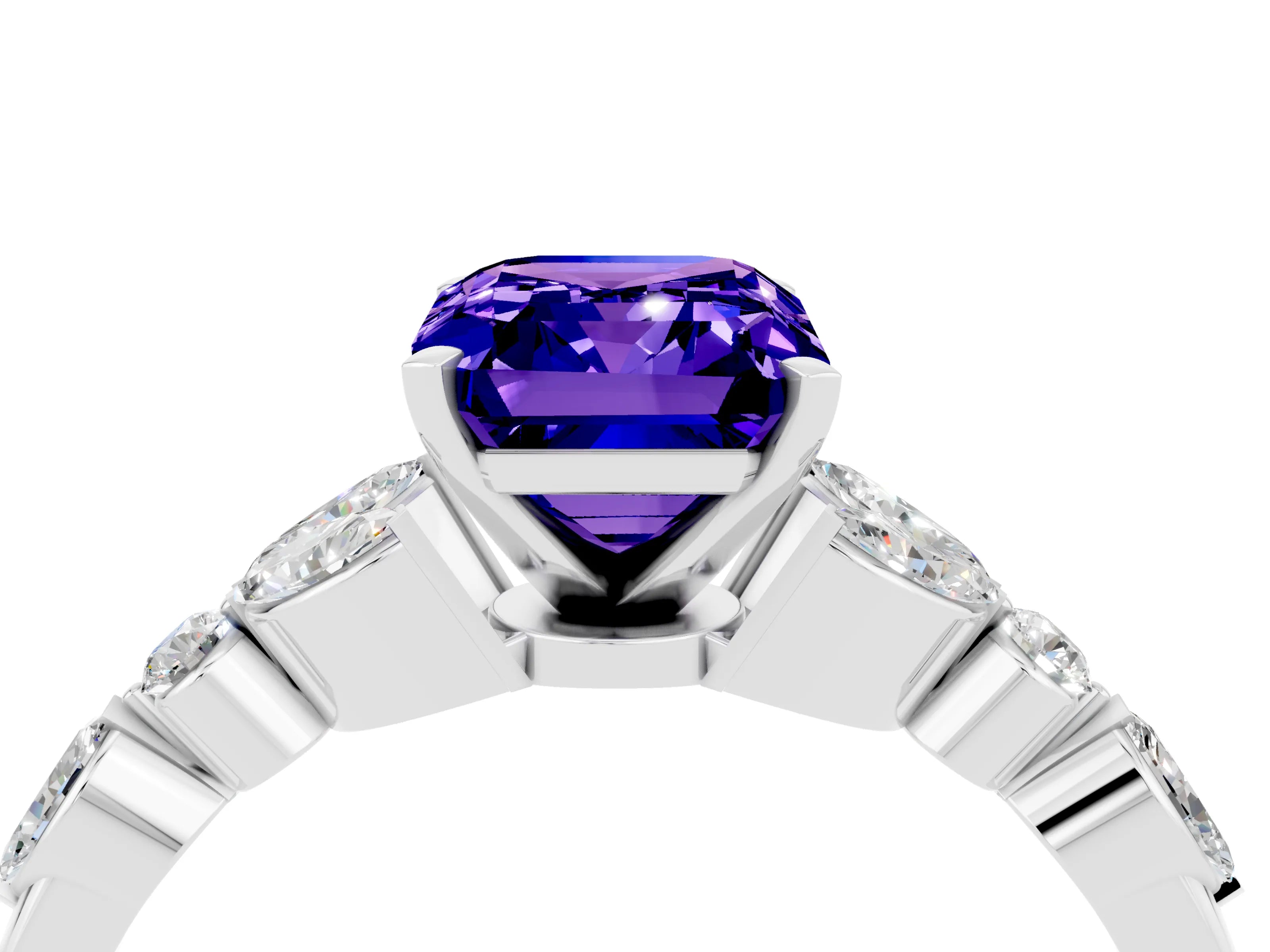 White gold Emerald Cut Tanzanite Solitaire Ring with Side Stones and Four-Prong Setting_28
