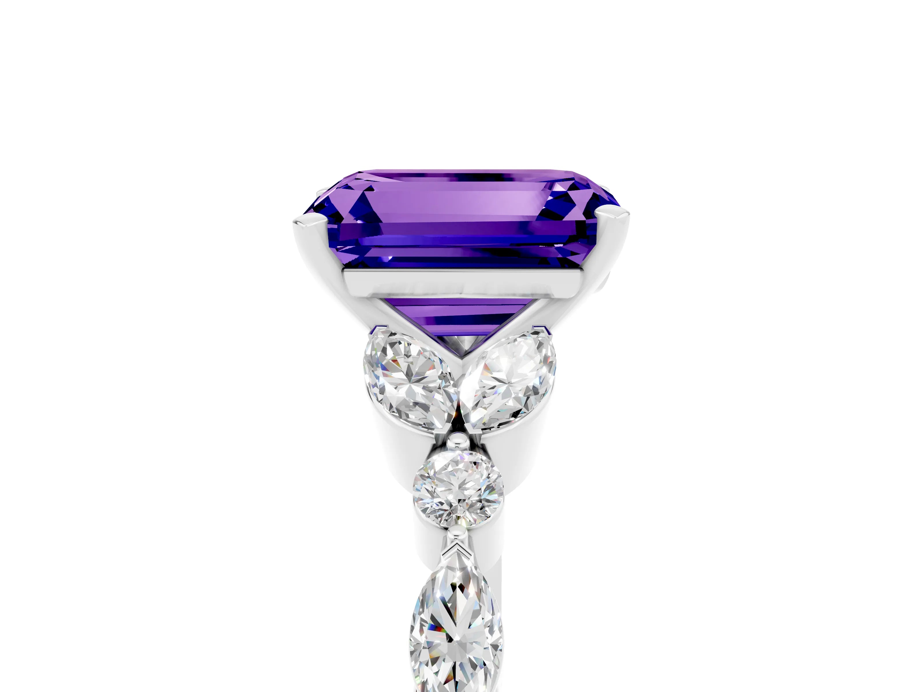White gold Emerald Cut Tanzanite Solitaire Ring with Side Stones and Four-Prong Setting_29