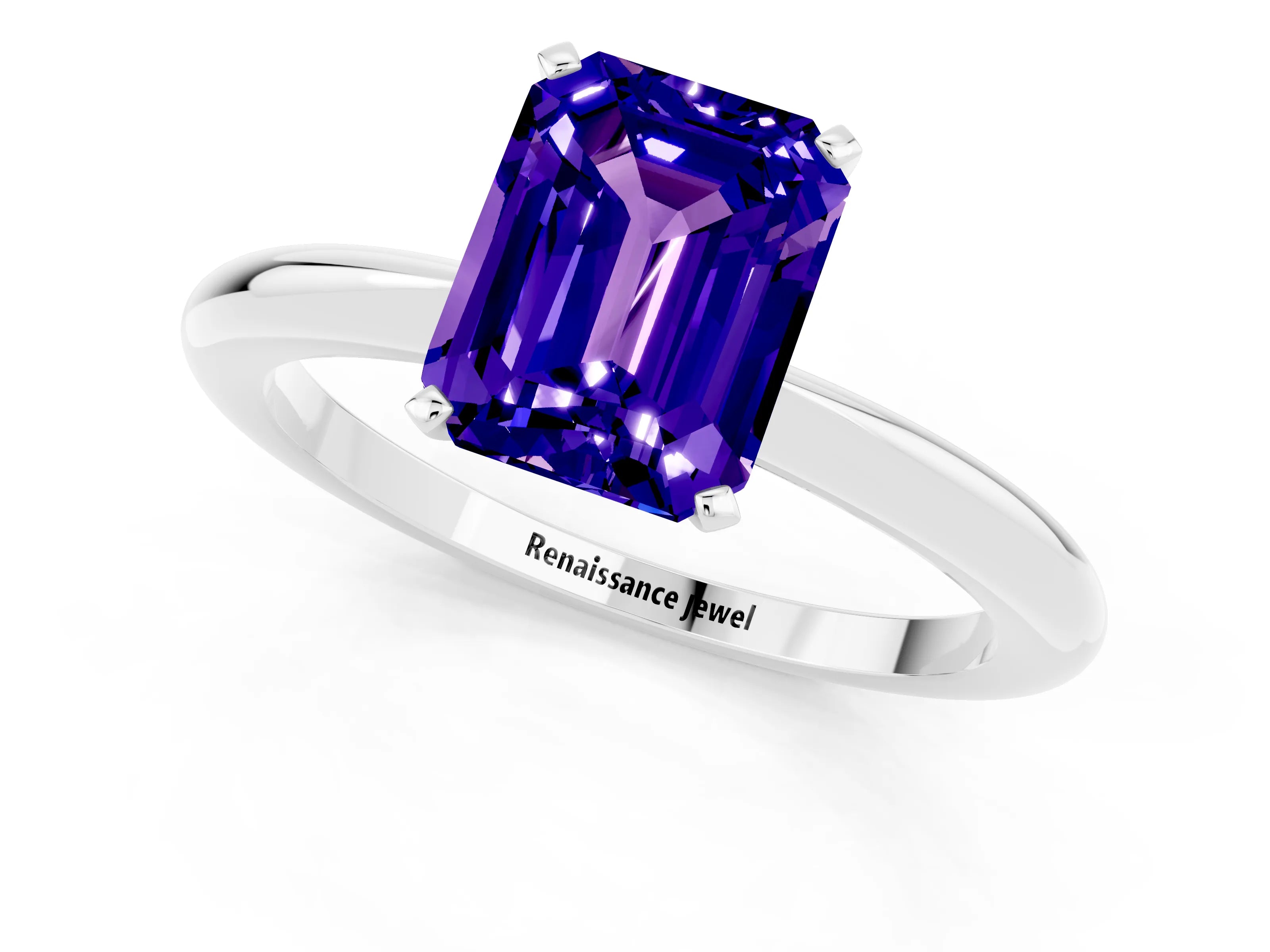 White gold Emerald Cut Tanzanite Solitaire Ring with Six-Prong Setting and Classic Band_37